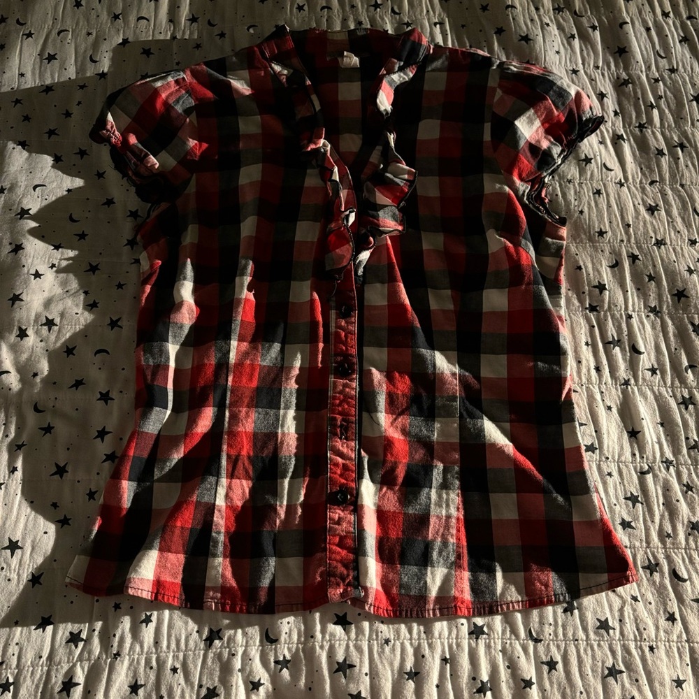 Celine red and black plaid blouse with ruffles. Size M. - Picture 5 of 7